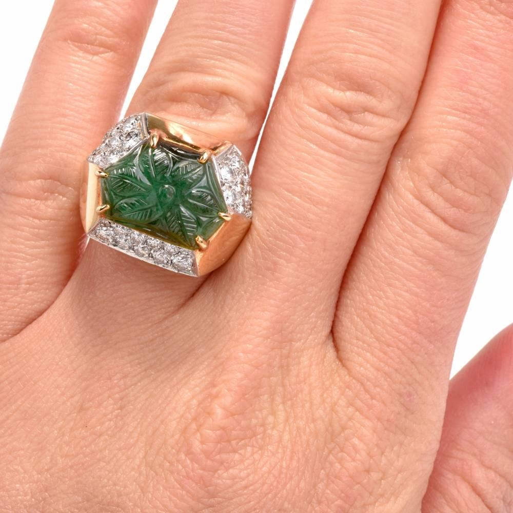 1970's Carved Emerald Diamond Yellow Gold Cocktail Ring 2
