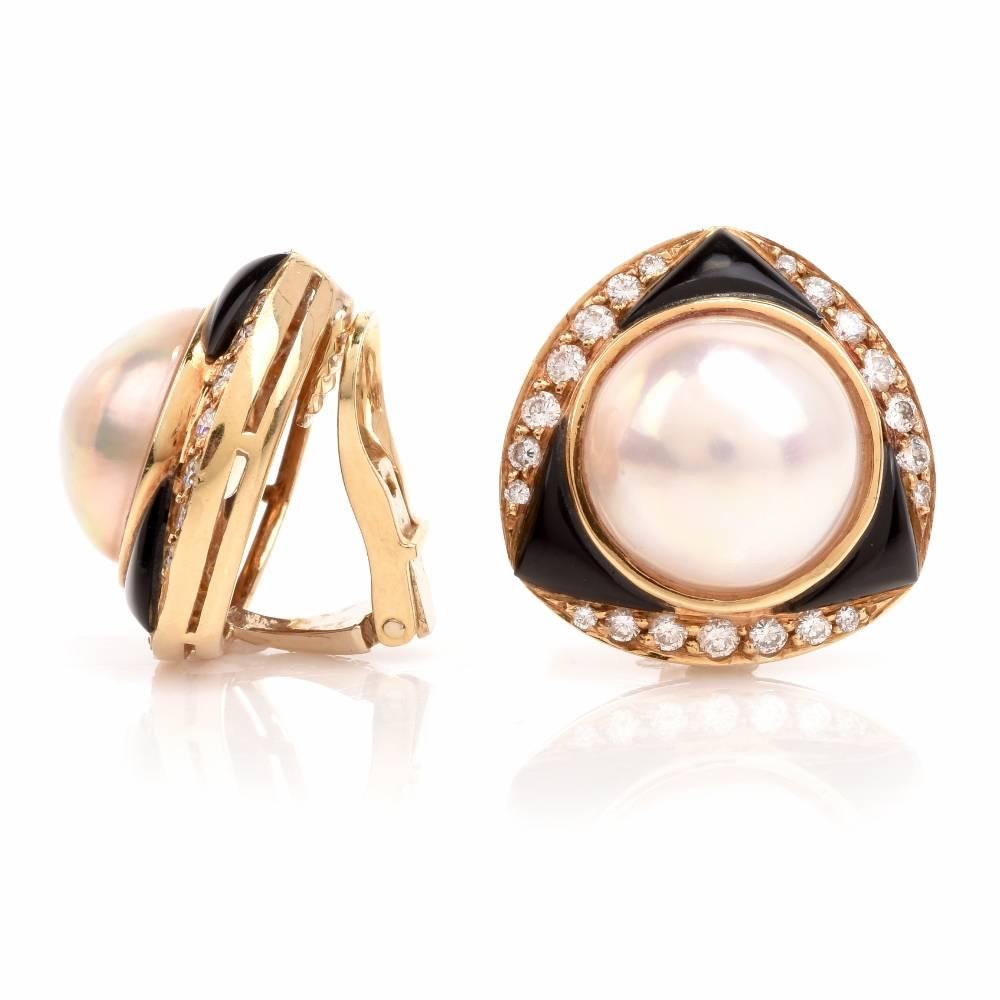 1980's Mabe Pearl Diamond Onyx Clip-Back Earrings Signed 'Elan' Hamid In Excellent Condition In Miami, FL