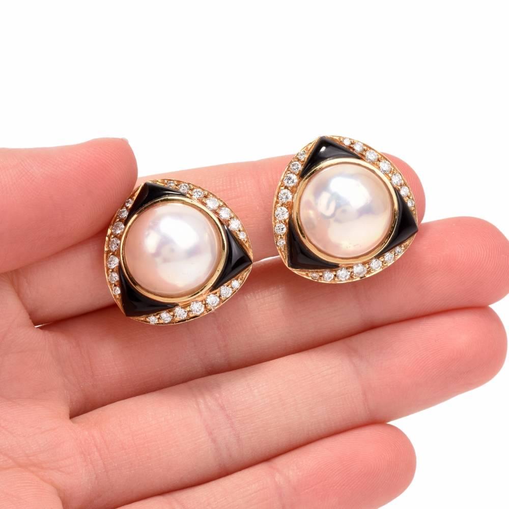 1980's Mabe Pearl Diamond Onyx Clip-Back Earrings Signed 'Elan' Hamid 1