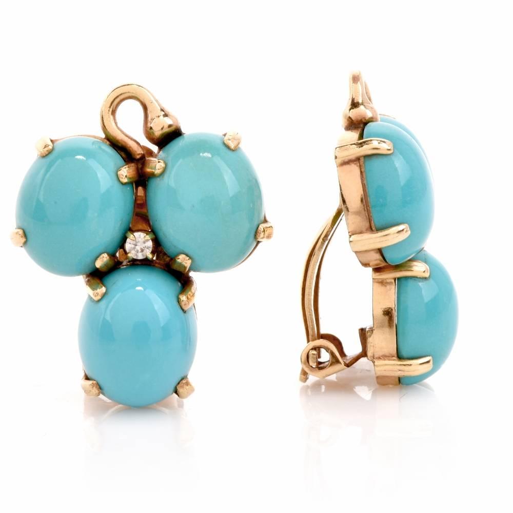 1970's Persian Turquoise Cabochon Diamond Yellow Gold Earrings In Excellent Condition In Miami, FL