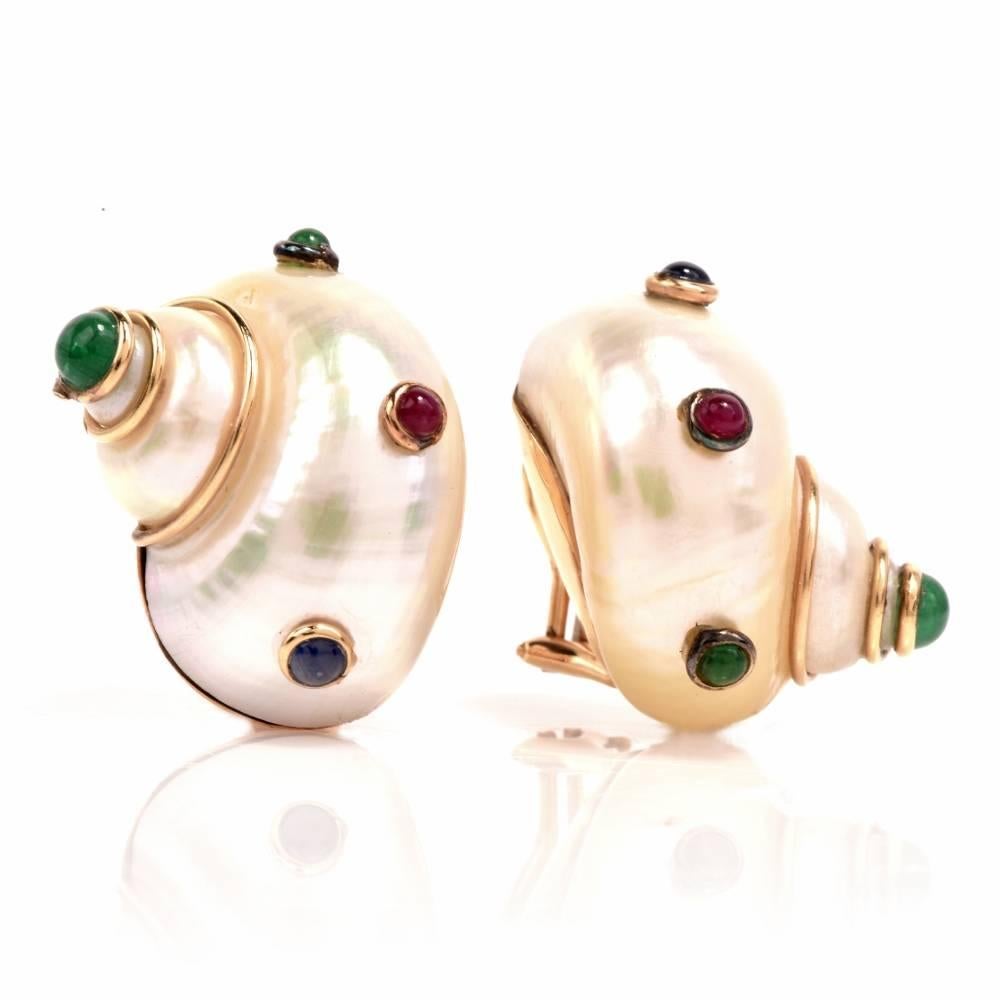 Maz Shell Ruby Sapphire Emerald 14-Karat Gold Earrings In Excellent Condition In Miami, FL