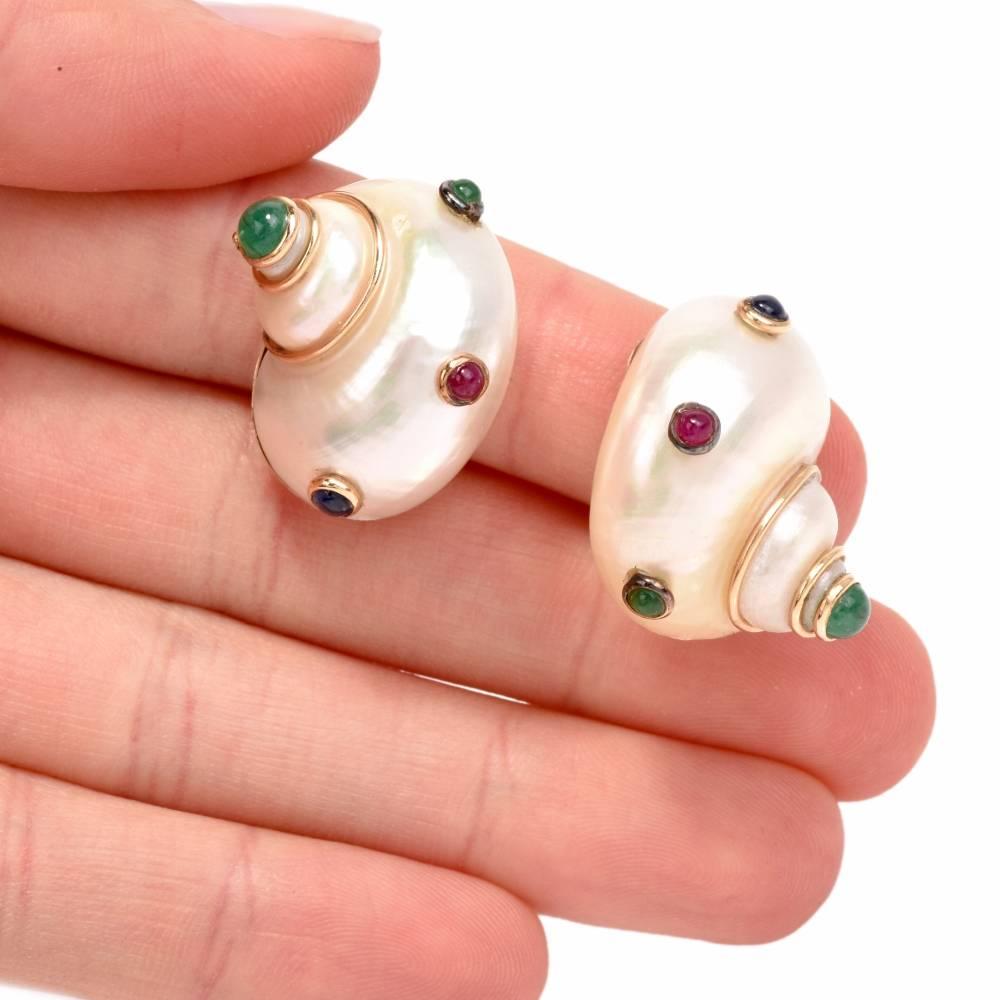 Maz Shell Ruby Sapphire Emerald 14-Karat Gold Earrings 1