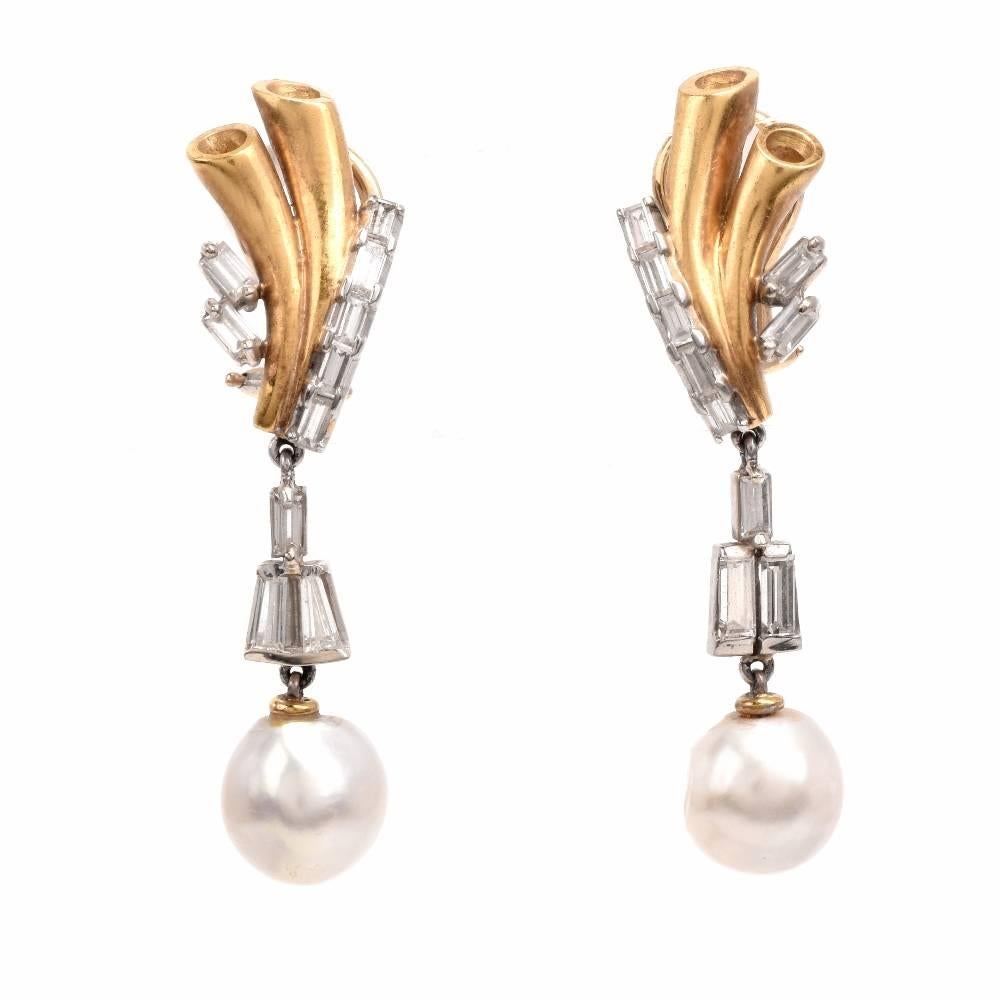 1980's  Baguette Diamond Pearl Two-Tone Gold Pendant Drop Dangle Earrings