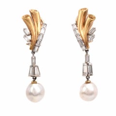 1980's  Baguette Diamond Pearl Two-Tone Gold Pendant Drop Dangle Earrings