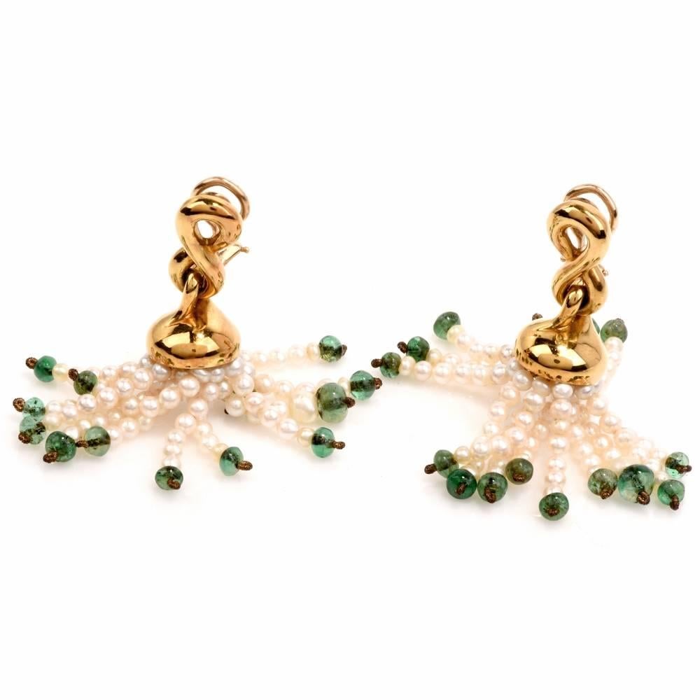 Women's 1980's  Emerald-Beads Seed Pearl 18-karat Tassel Drop Earrings