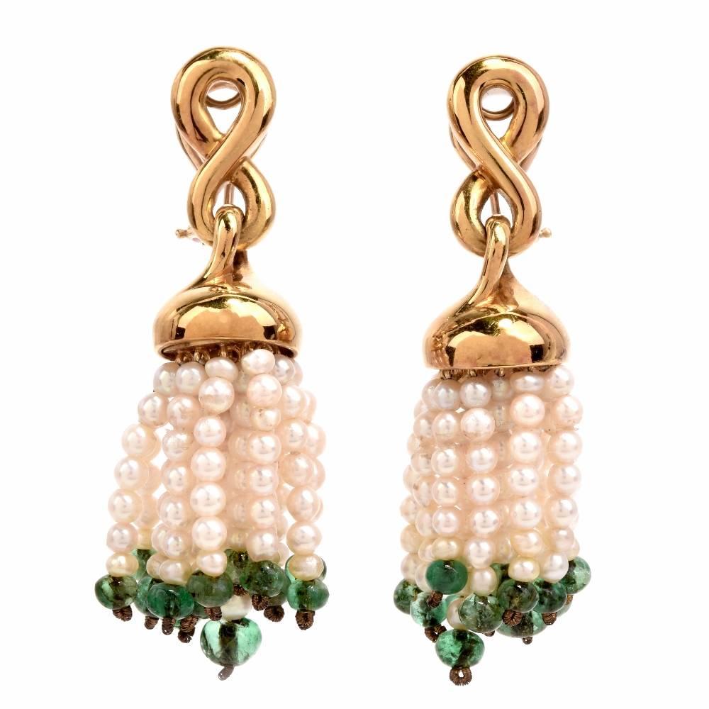1980's  Emerald-Beads Seed Pearl 18-karat Tassel Drop Earrings
