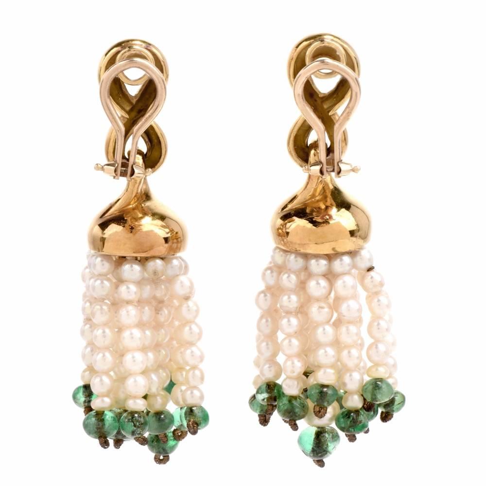 1980's  Emerald-Beads Seed Pearl 18-karat Tassel Drop Earrings In Excellent Condition In Miami, FL