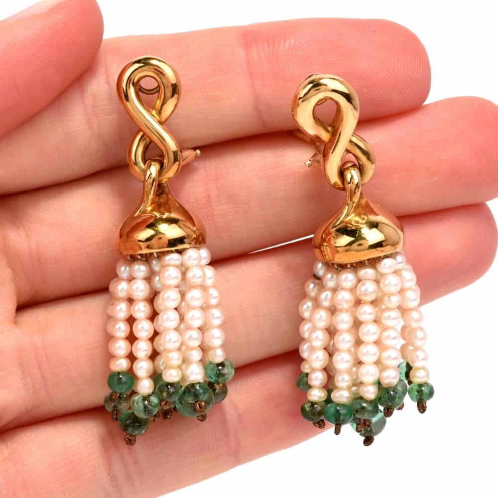 1980's  Emerald-Beads Seed Pearl 18-karat Tassel Drop Earrings 1