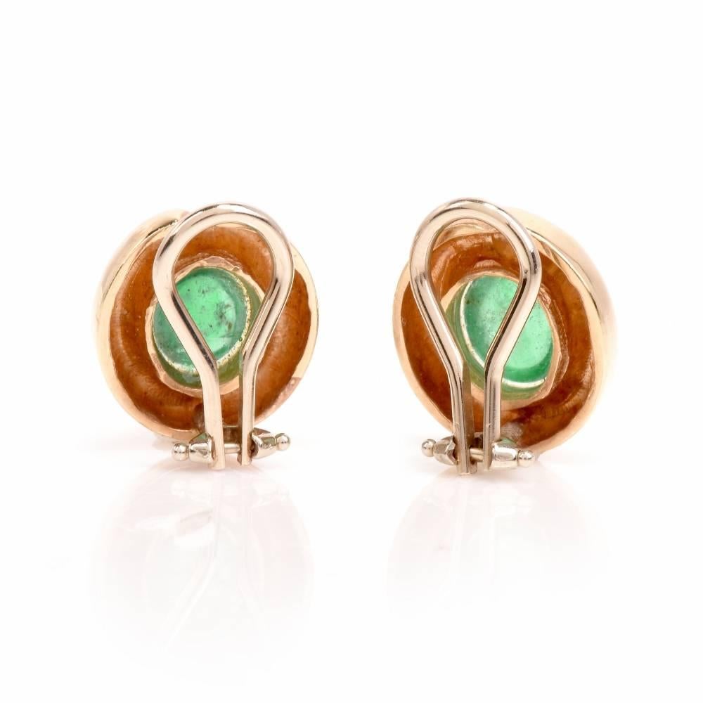 Modern Cabochon Emerald 14 Karat Gold Oval Stud Earrings