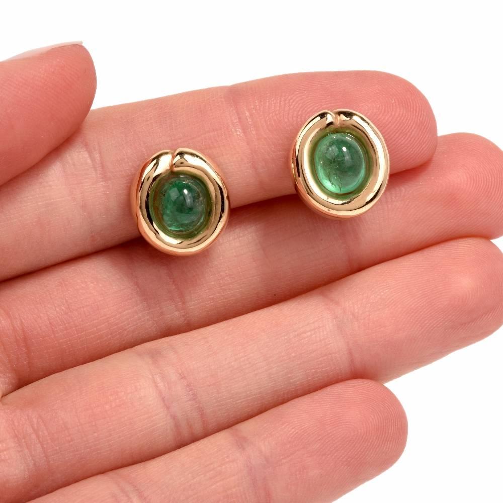 Women's Cabochon Emerald 14 Karat Gold Oval Stud Earrings