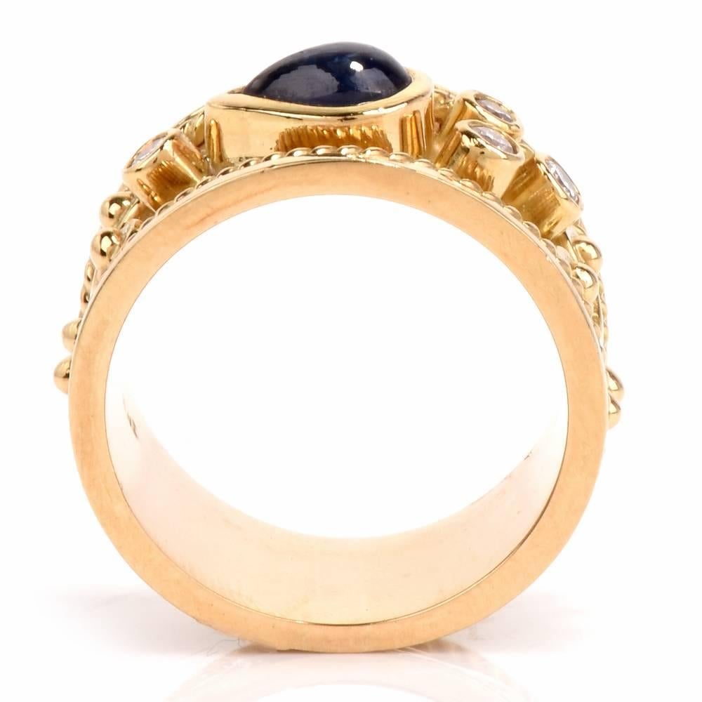 1990s Teardrop Blue Sapphire Diamond Yellow Gold Wide Cocktail Ring In Excellent Condition In Miami, FL