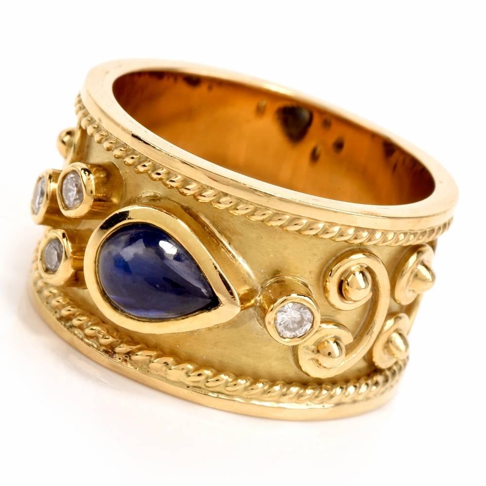 Modern 1990s Teardrop Blue Sapphire Diamond Yellow Gold Wide Cocktail Ring