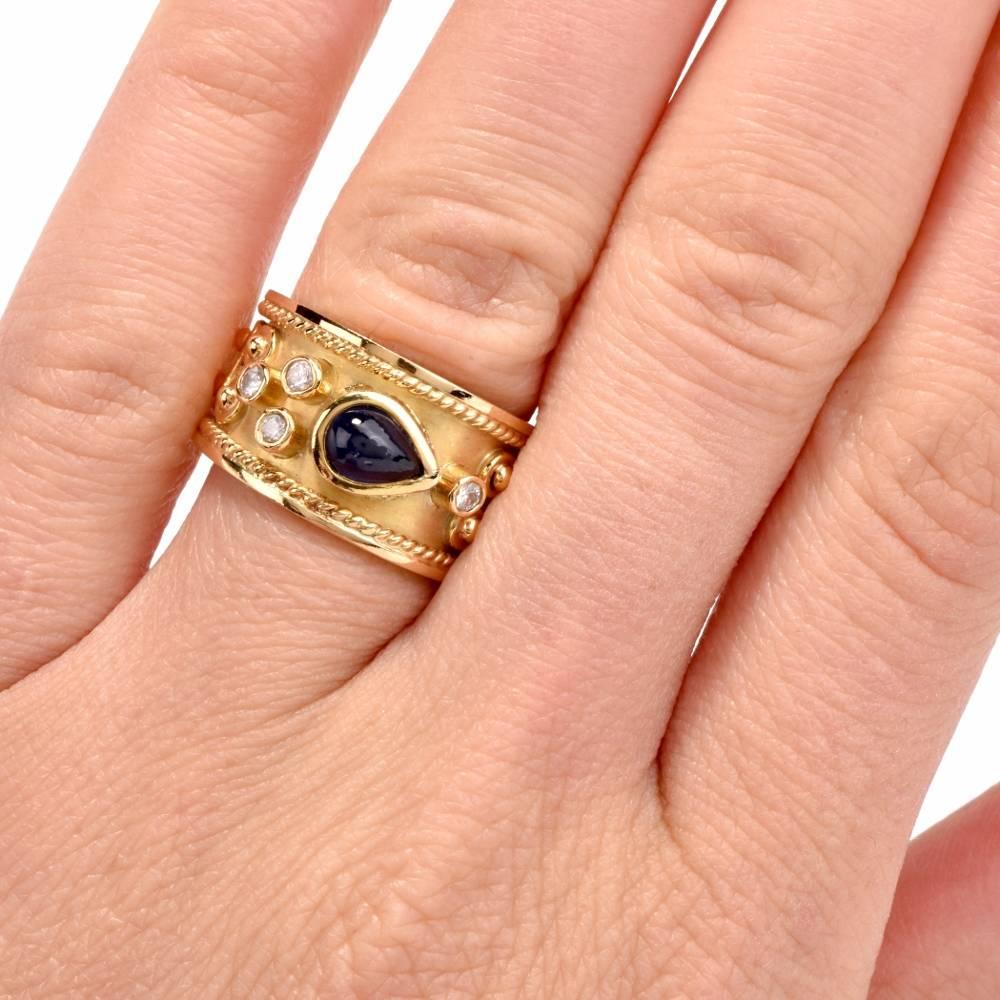 Women's 1990s Teardrop Blue Sapphire Diamond Yellow Gold Wide Cocktail Ring