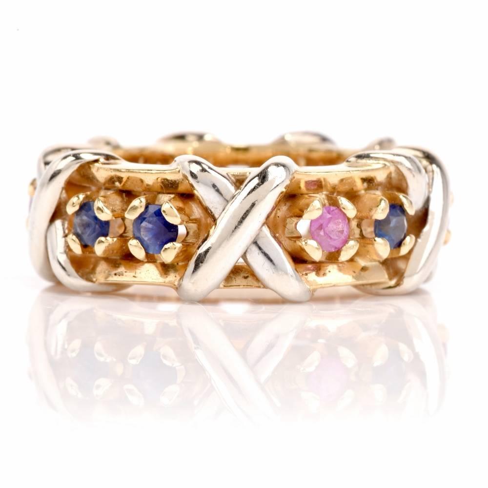 Modern Estate Sapphire Emerald Two-Tone Gold Band Ring