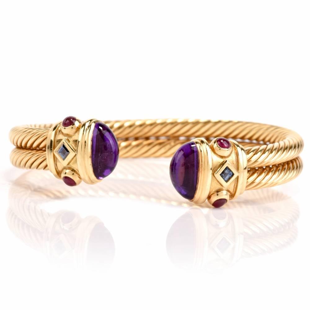Modern  1980’s Cable Wire Cabochon Amethyst Ruby Sapphire 18k-Gold Cuff Bracelet