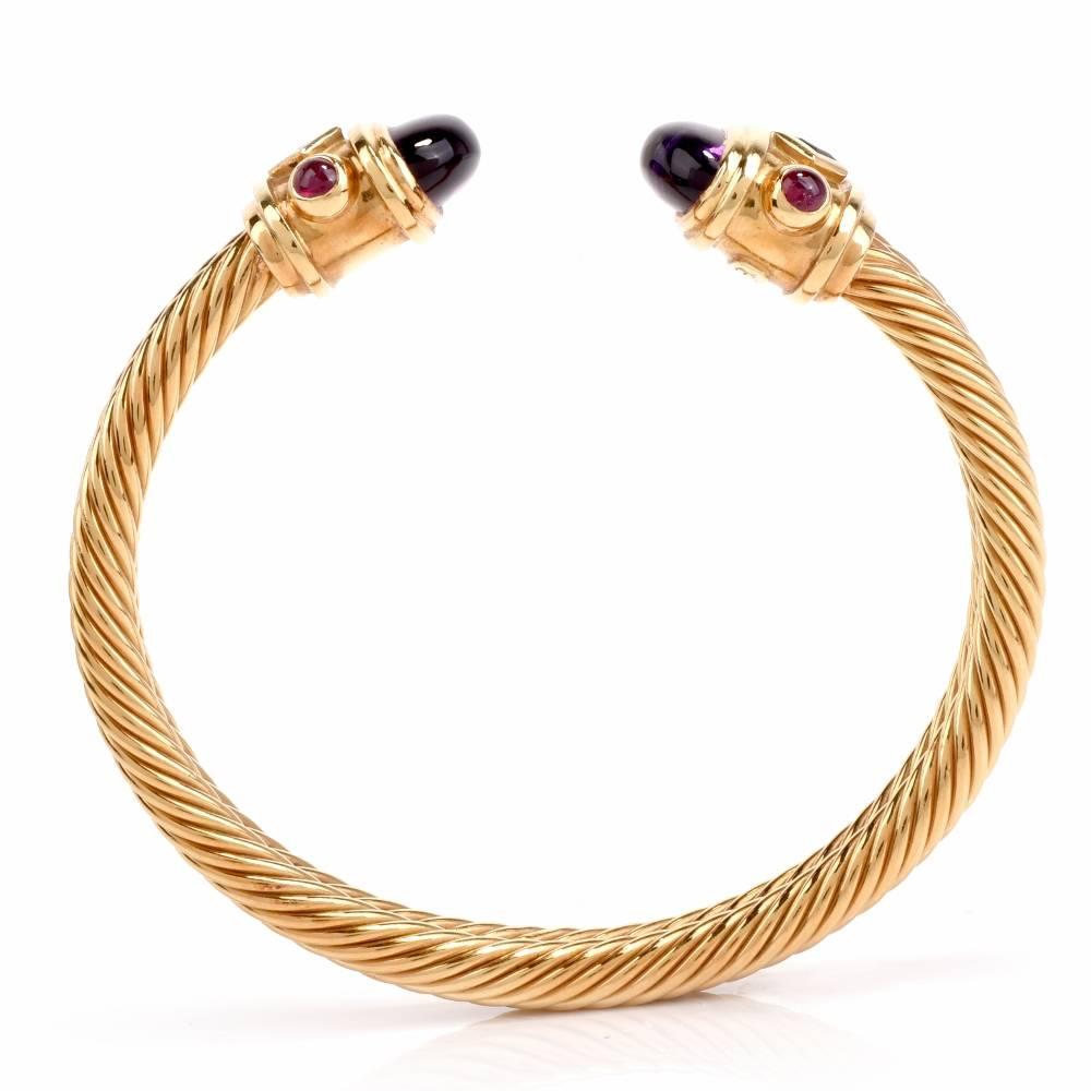  1980’s Cable Wire Cabochon Amethyst Ruby Sapphire 18k-Gold Cuff Bracelet 2