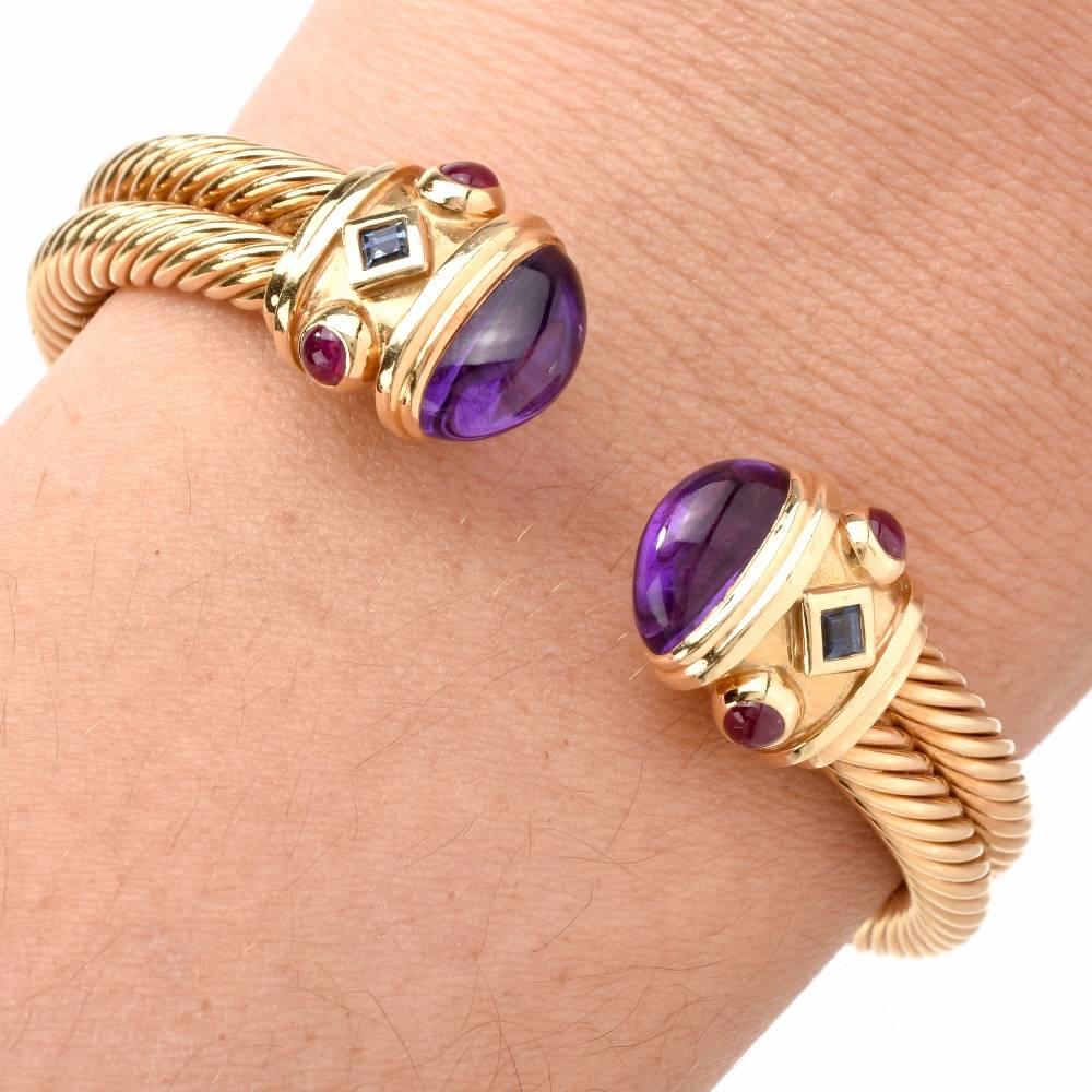  1980’s Cable Wire Cabochon Amethyst Ruby Sapphire 18k-Gold Cuff Bracelet 3