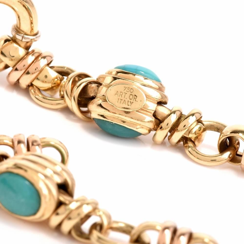 1980s Turquoise Cabochon Yellow Gold Barrel Motif Link Bracelet In Excellent Condition In Miami, FL