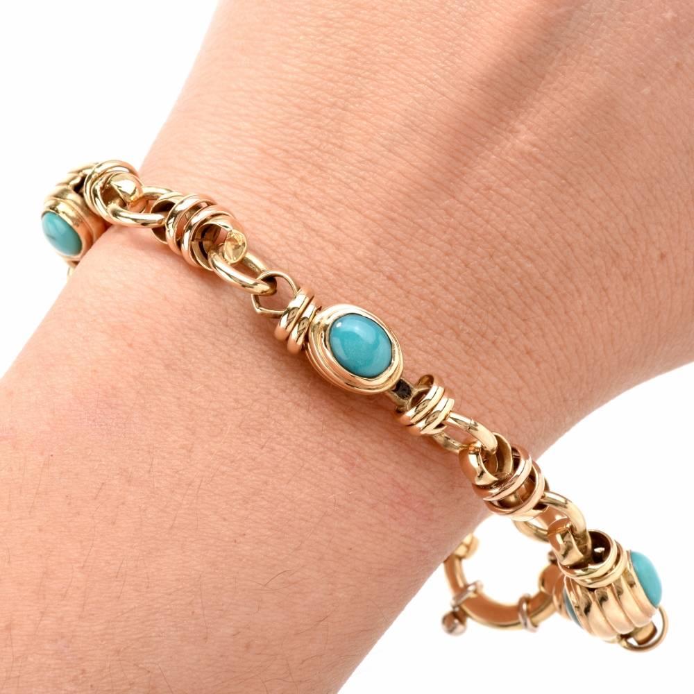 1980s Turquoise Cabochon Yellow Gold Barrel Motif Link Bracelet 2