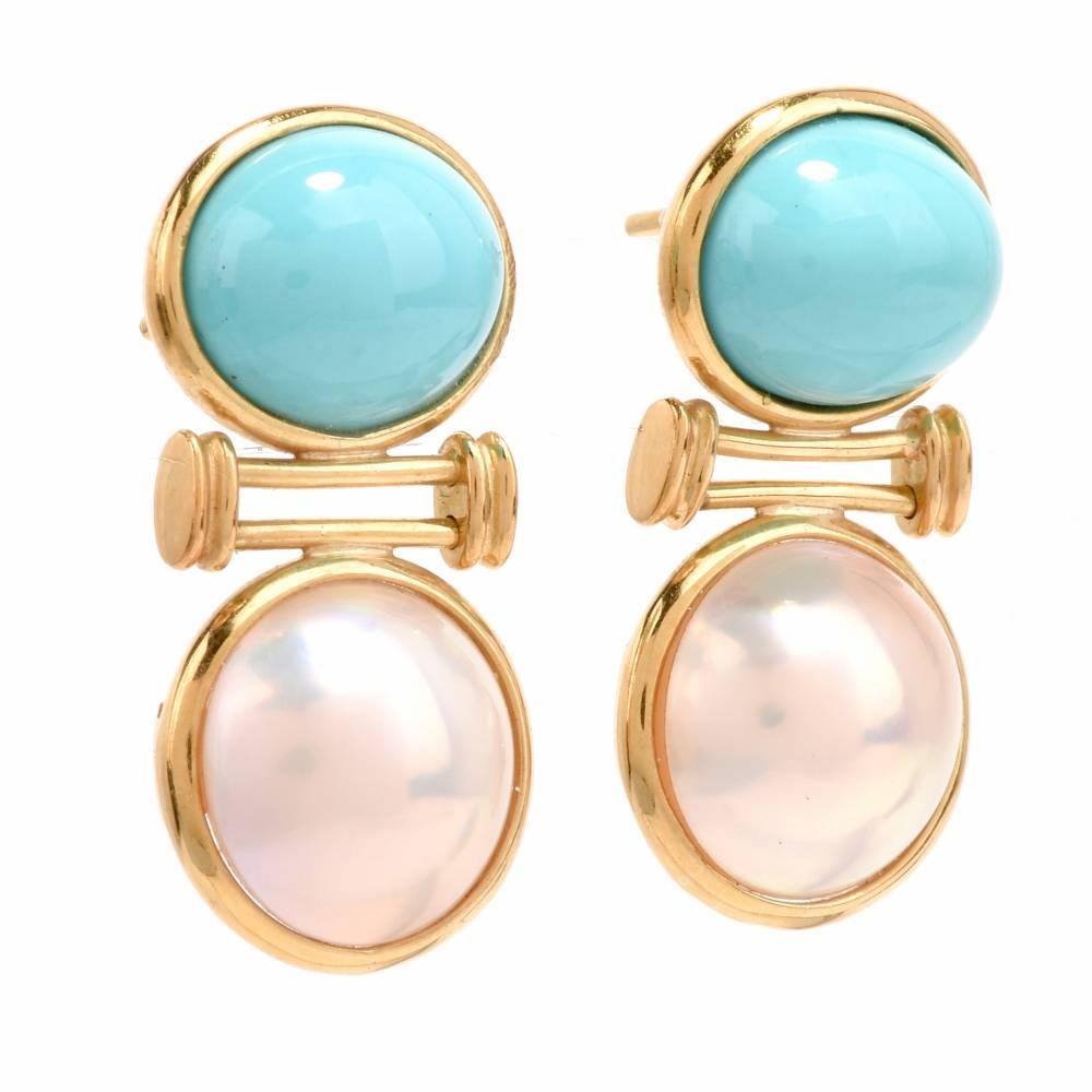 Artisan Estate Turquoise Cabochon Mabe Pearl Yellow Gold Earrings