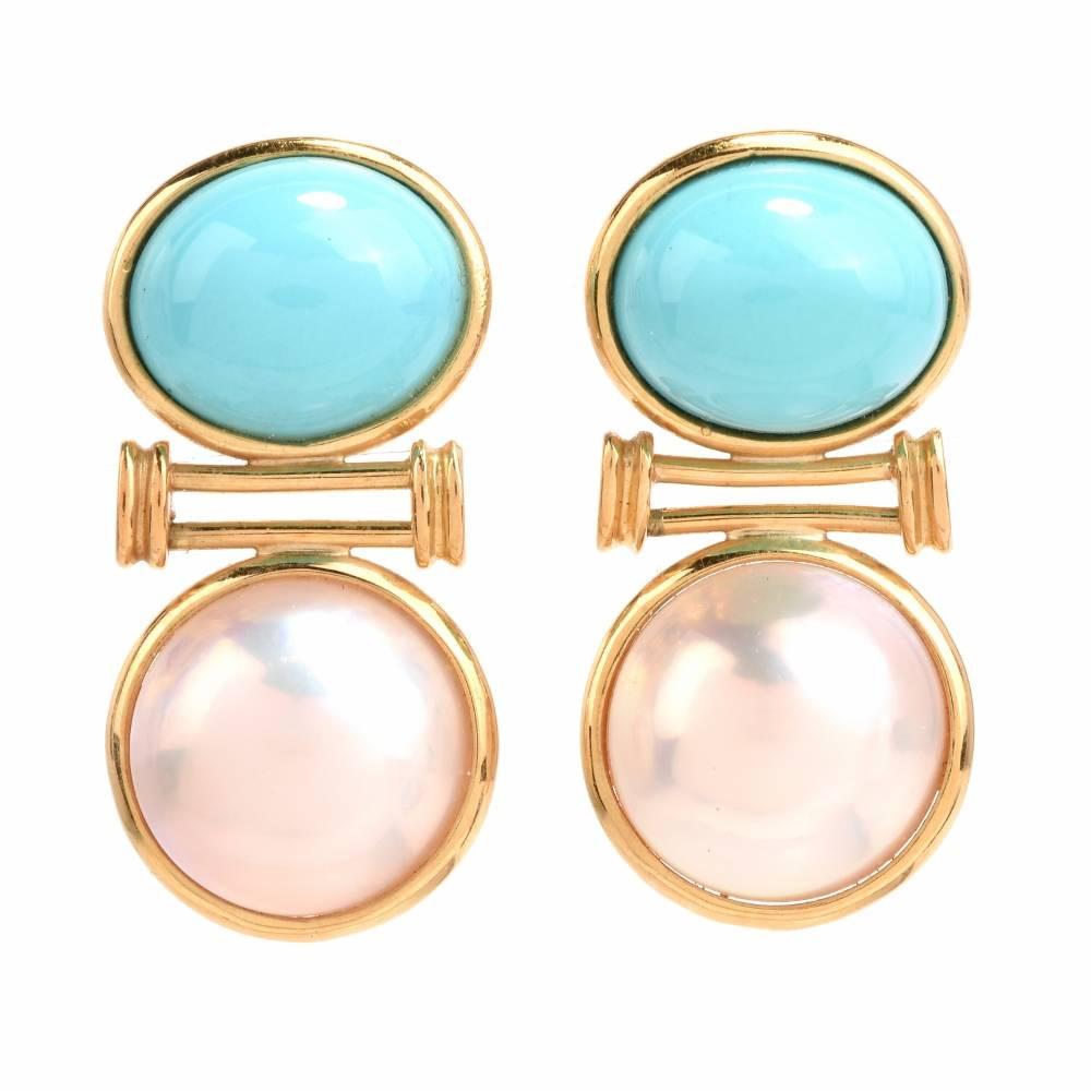 Estate Turquoise Cabochon Mabe Pearl Yellow Gold Earrings