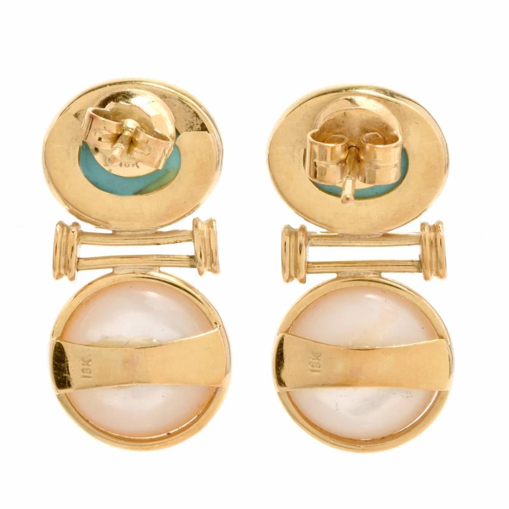 Estate Turquoise Cabochon Mabe Pearl Yellow Gold Earrings In Excellent Condition In Miami, FL