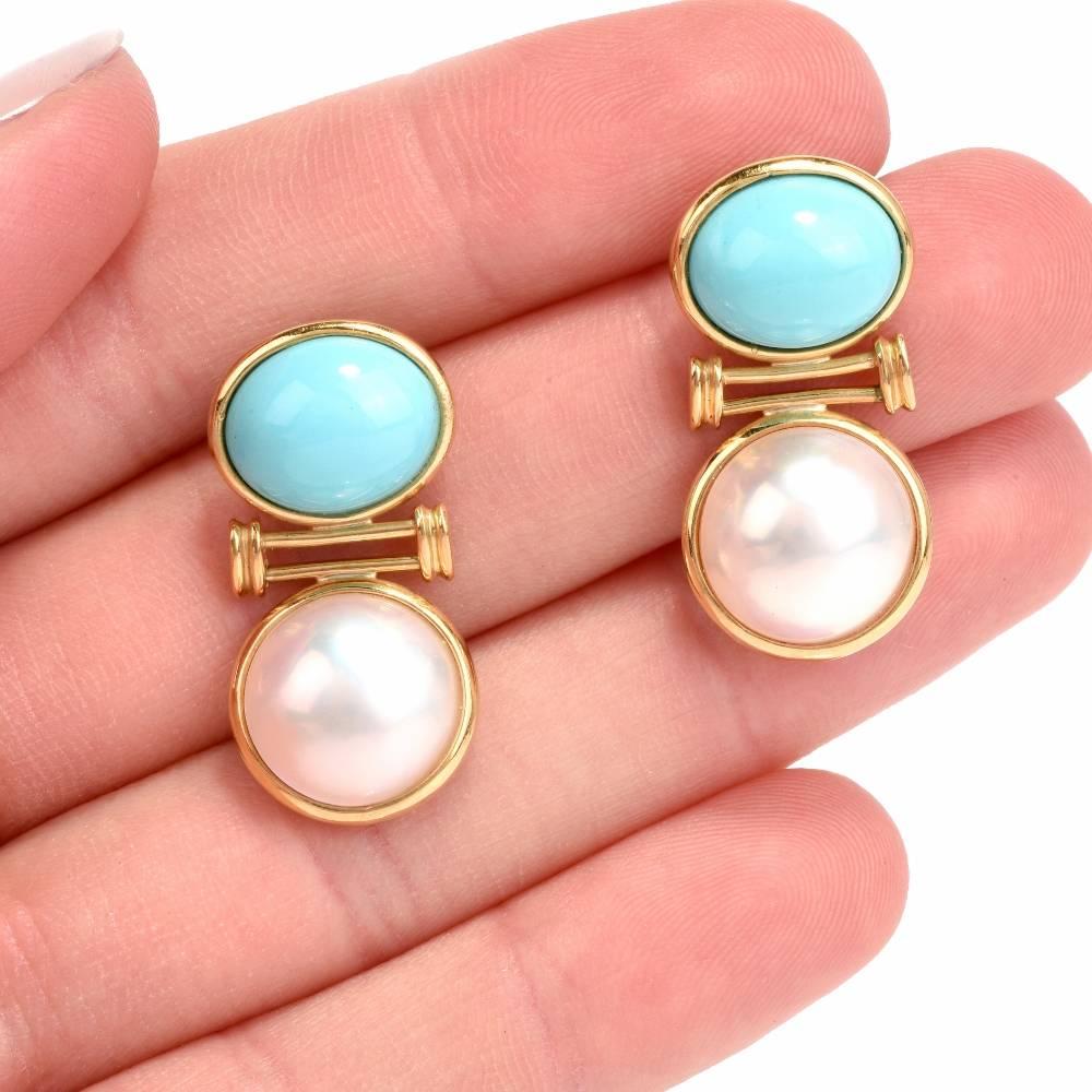 Women's Estate Turquoise Cabochon Mabe Pearl Yellow Gold Earrings