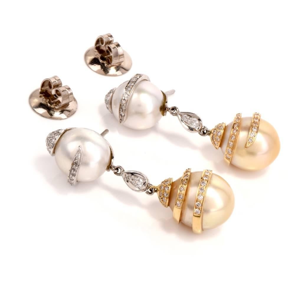 Women's 1990s Golden South Sea Pearl Diamond 18 Karat Gold Dangel Pendant Earrings