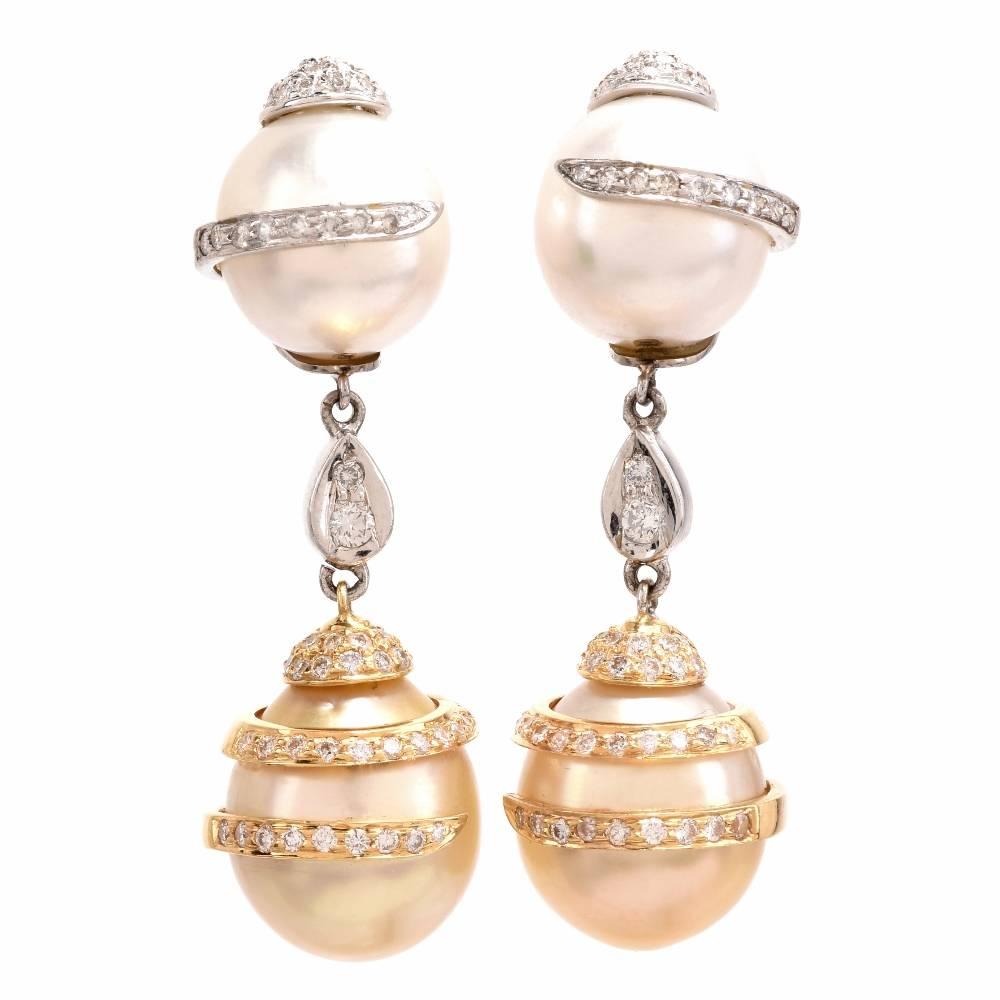1990s Golden South Sea Pearl Diamond 18 Karat Gold Dangel Pendant Earrings