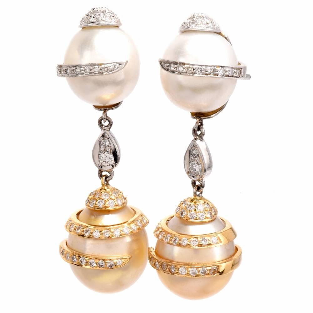 Modern 1990s Golden South Sea Pearl Diamond 18 Karat Gold Dangel Pendant Earrings