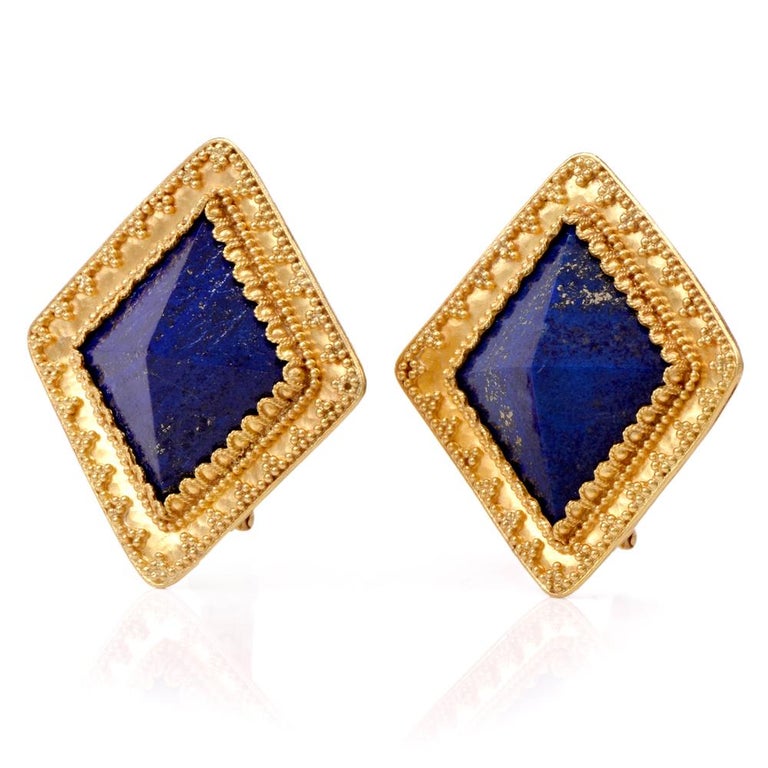 Estate Large 22 Karat Lapis Lazuli Gold Clip Earrings For At These Glamorous Lapis Lazuli Earrings Are Crafted In Solid 22k Yellow Gold With A 18k