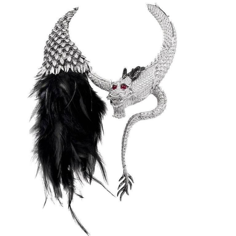 French Diamond, Ruby and Feather Dragon Necklace, 1990