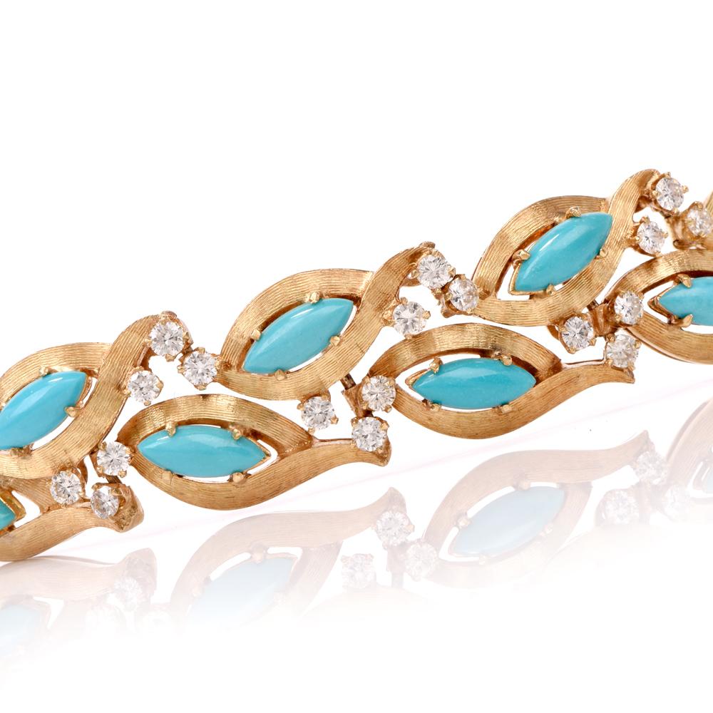 1960s Vintage Diamond Persian Turquoise Diamond Gold Bracelet In Good Condition In Miami, FL