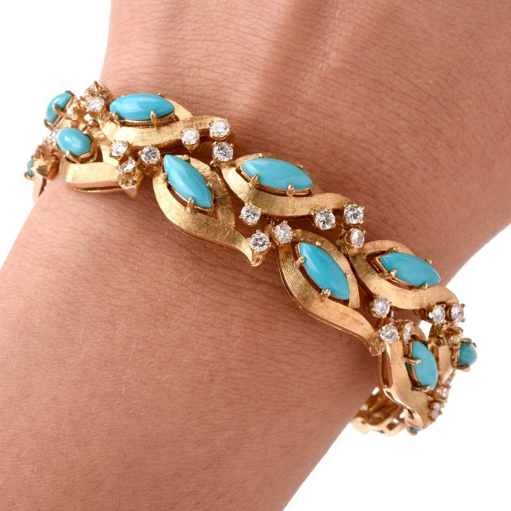 Women's 1960s Vintage Diamond Persian Turquoise Diamond Gold Bracelet