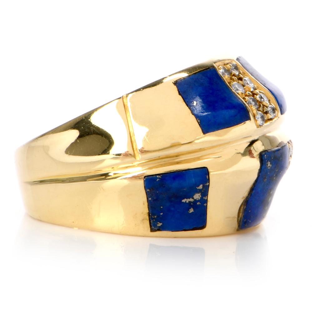 This fashionable estate ring circa 1970s in dome shape is crafted in 18 karat yellow gold, weighing 13.7 grams. This colorful ring exposes 6 blue lapis lazuli stone enhancements around the domed plaque intersected by 16 pave-set round-faceted