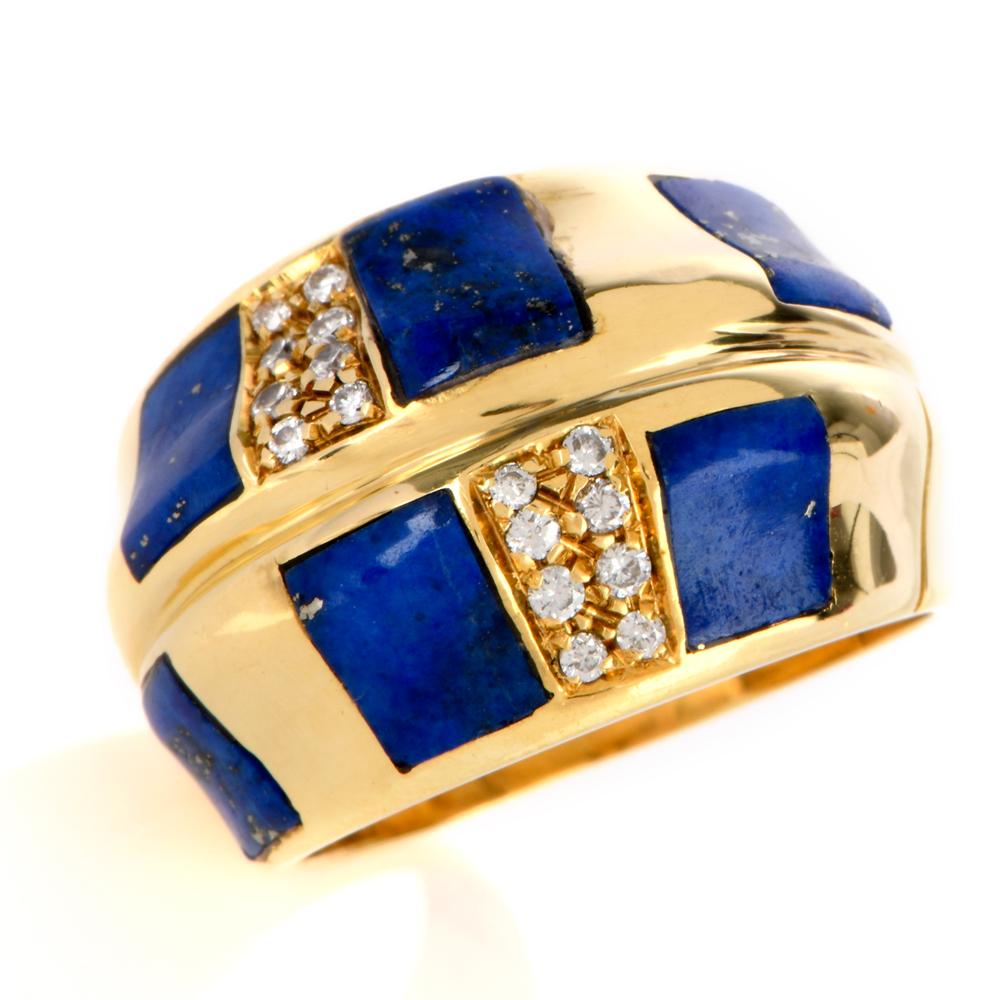 Women's 1970s Diamond Lapis Yellow Gold Dome Cocktail Ring