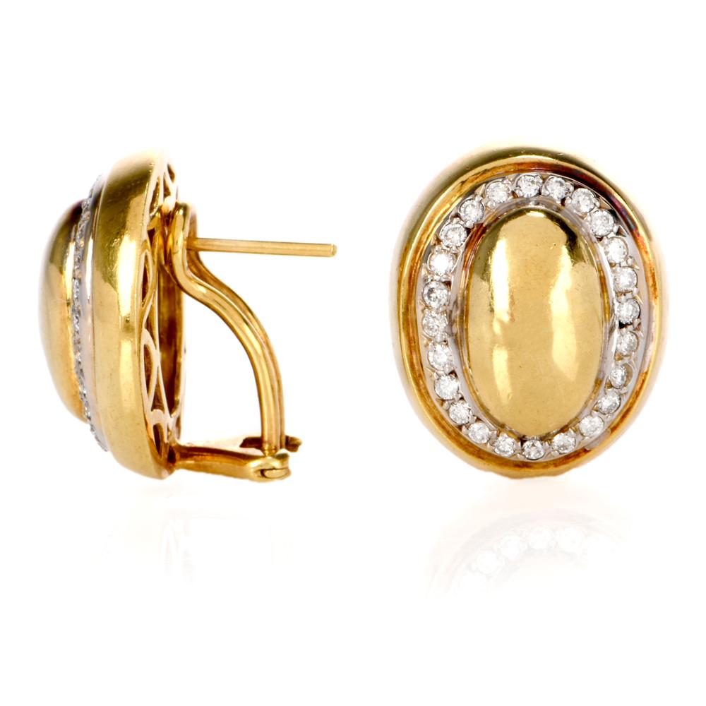 Designed as tri-dimensional oval-shaped plaques are crafted in 18-karat yellow gold, these timelessly elegant earrings are adorned cumulatively with 1.70 carats of 56 round-faceted diamonds graded H-I color and VS clarity. The earrings feature