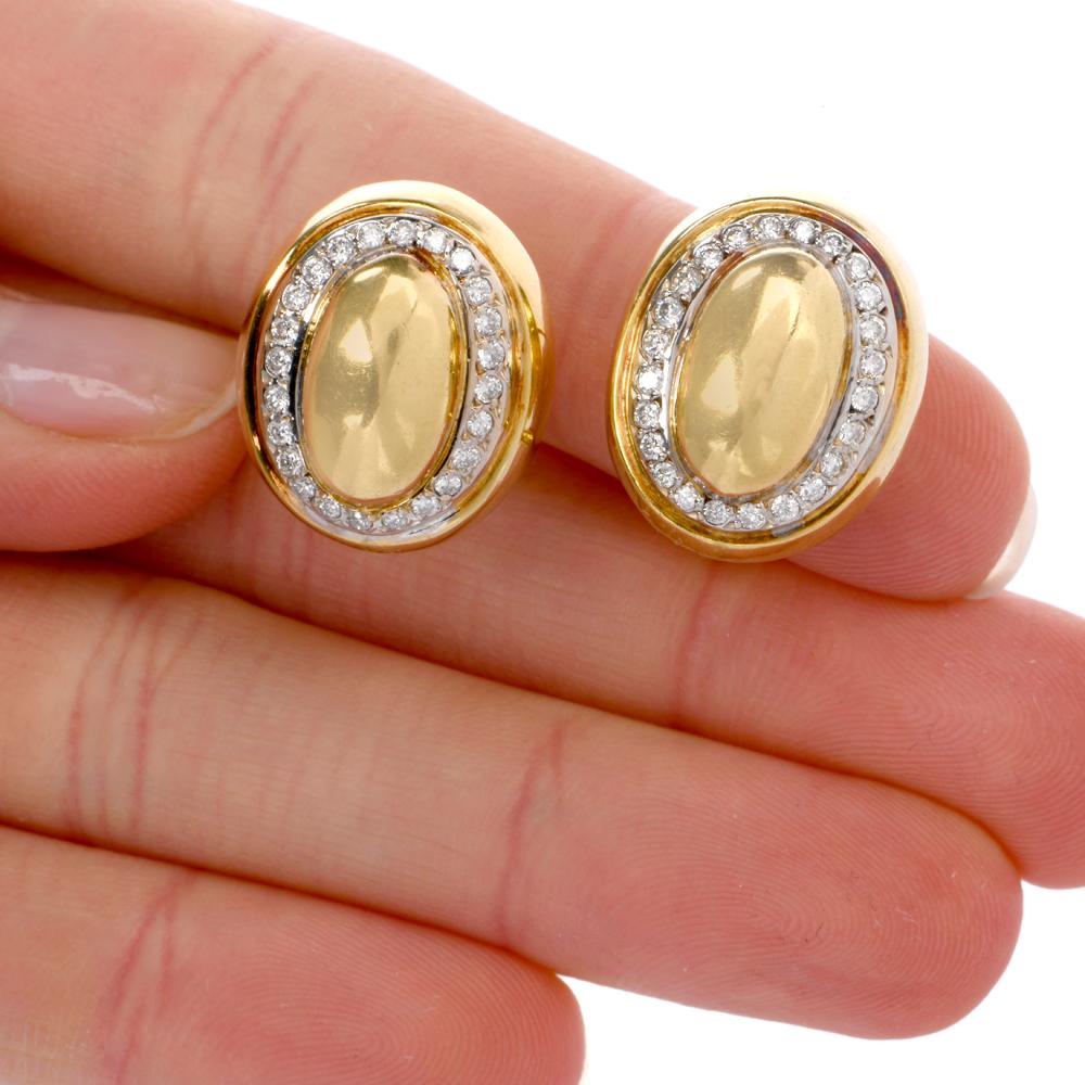 1980s Diamond 18 Karat Yellow Gold Oval Clip-On Earrings In Excellent Condition In Miami, FL