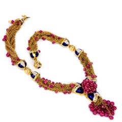 1970s Giovane Ruby Diamond Enamel 18 Karat Gold Multi Chain Drop Necklace