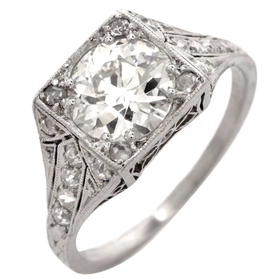 1.84 Carat European Old Mine Cut Diamond Platinum Engagement Ring