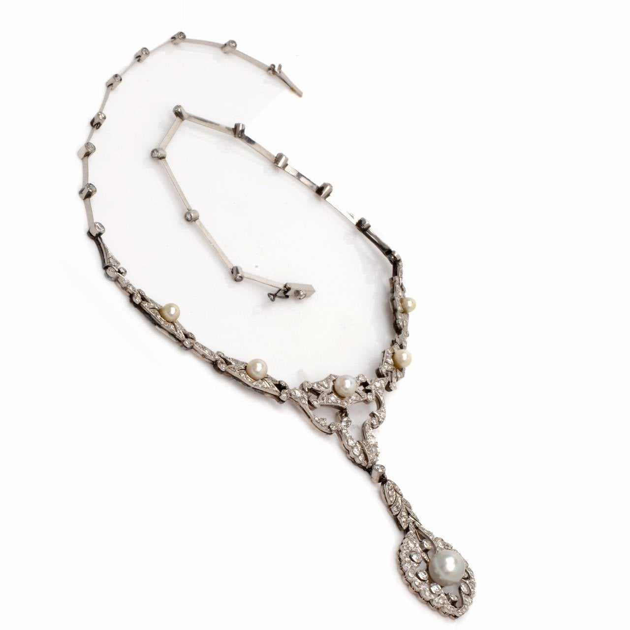 Victorian Edwardian Pearl Diamond Platinum Garland Design Necklace