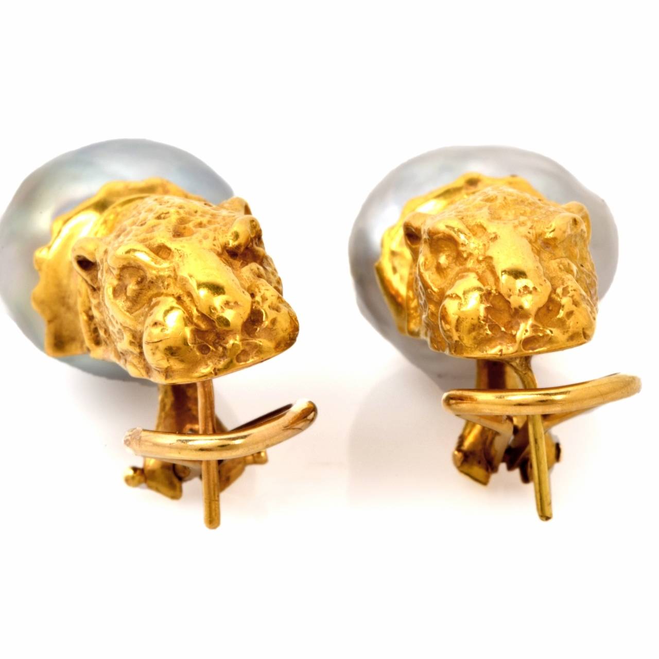 Baroque Pearl Gold Panther Head Clip-Back Earrings 2