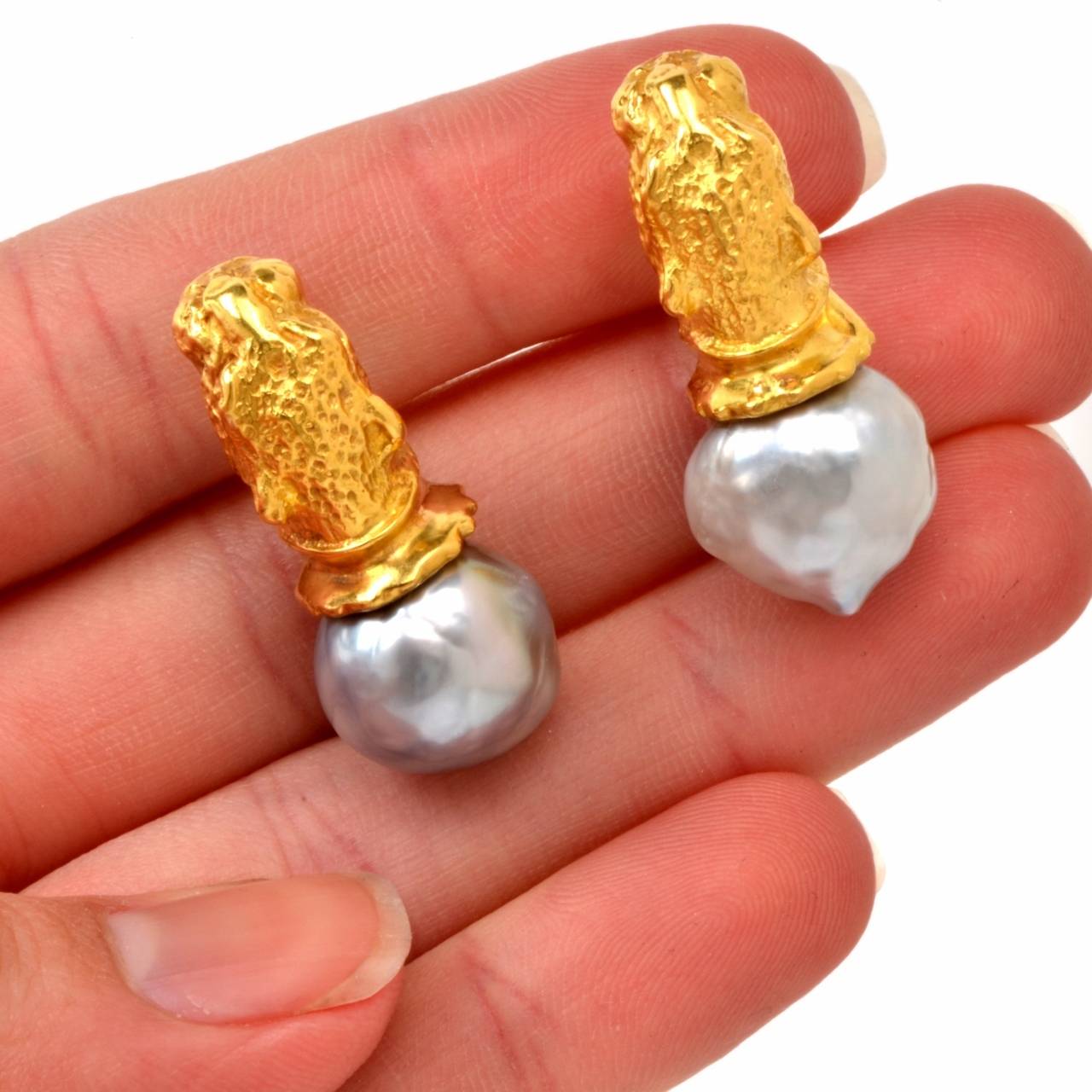 Baroque Pearl Gold Panther Head Clip-Back Earrings 1