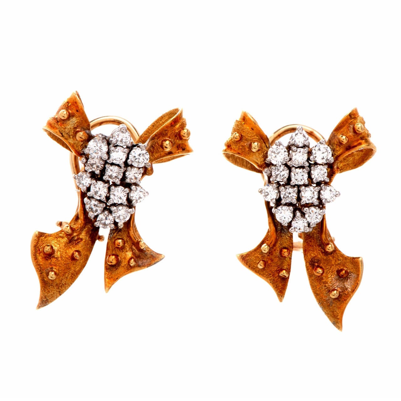 1960s Charming Diamond Gold Ribbon Bow Earrings For Sale at 1stdibs
