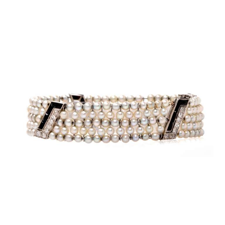 Art Deco Cultured Pearl Diamond Black Onyx Platinum Bracelet