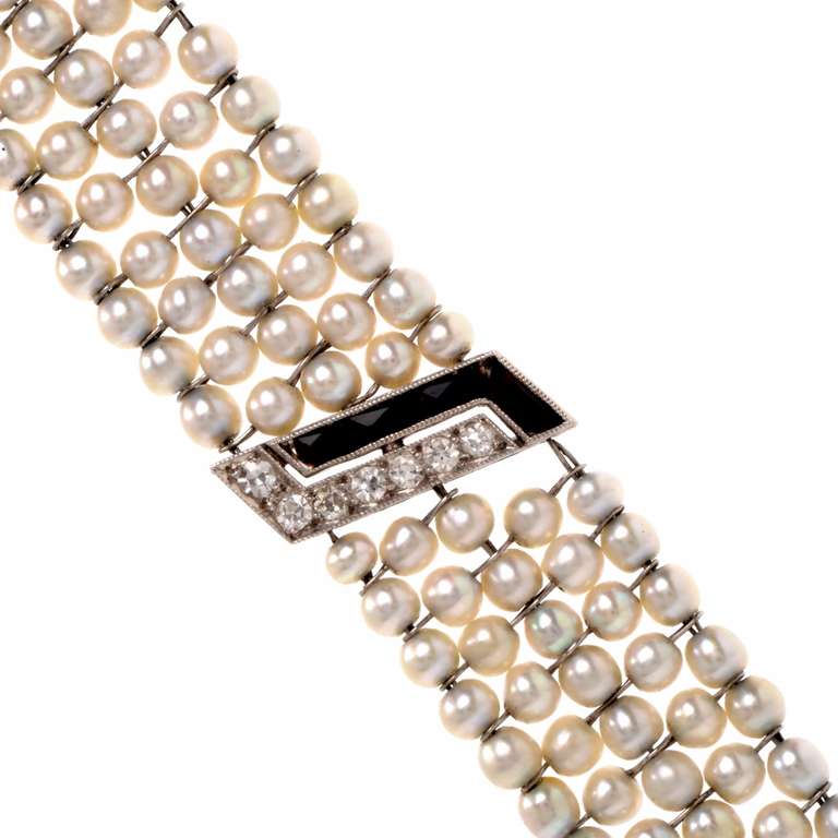 Women's Cultured Pearl Diamond Black Onyx Platinum Bracelet