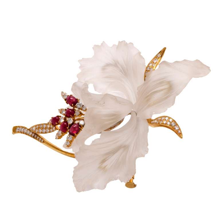 Diamond Ruby Gold Floral Rock Crystal Orchid Lapel Brooch In Excellent Condition In Miami, FL