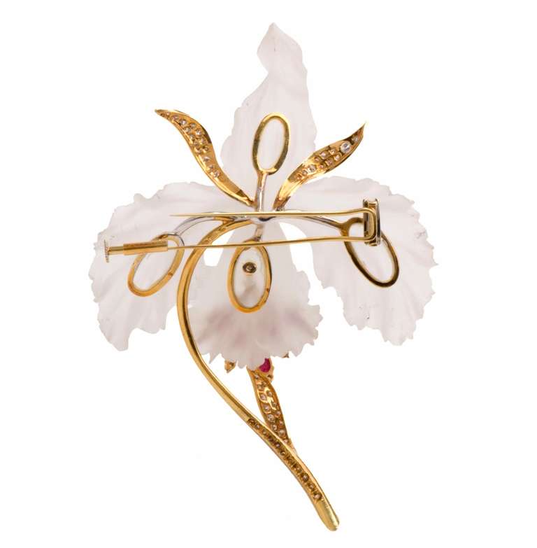 Women's Diamond Ruby Gold Floral Rock Crystal Orchid Lapel Brooch