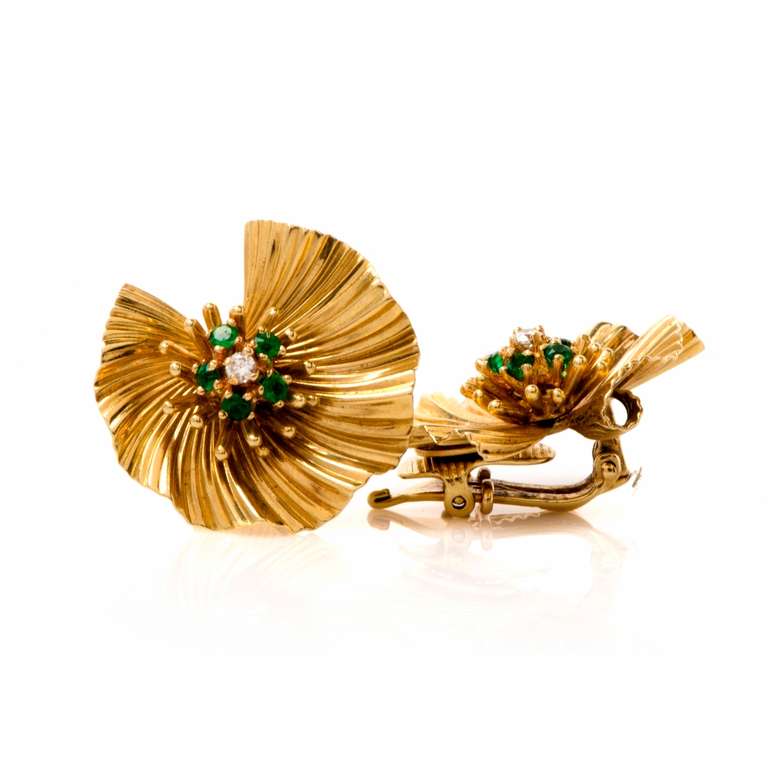 Emerald and Diamond Gold Earrings By Performance Parts Co. 2