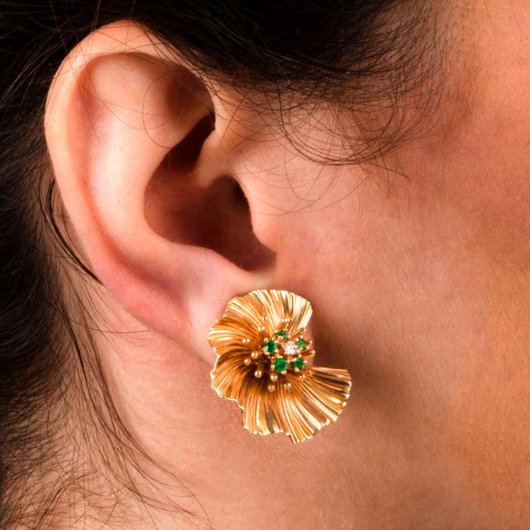 Emerald and Diamond Gold Earrings By Performance Parts Co. 3